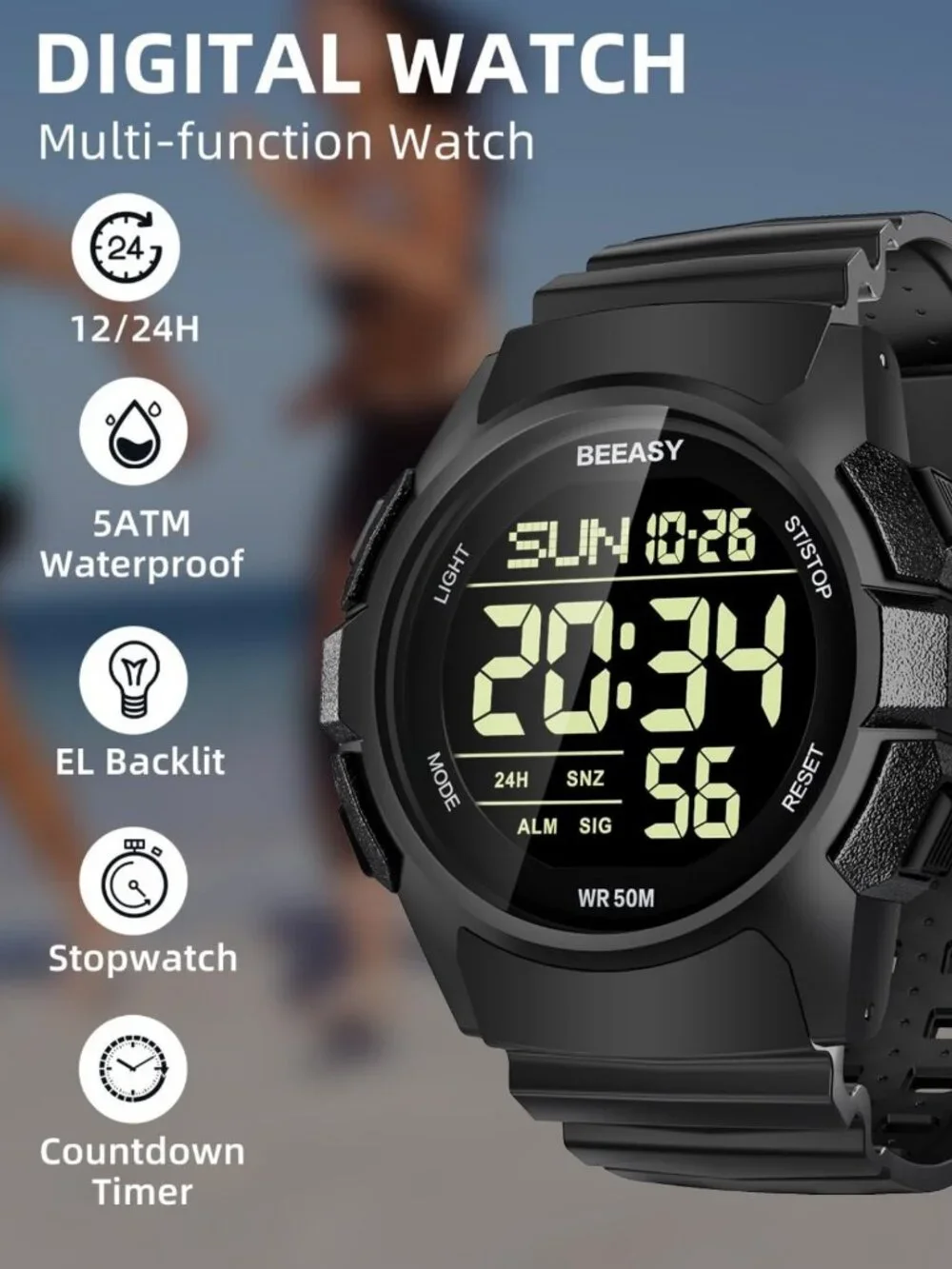 Men's Digital Sports Watch - 50M Waterproof, Stopwatch, Alarm, Rubber Strap, Gym